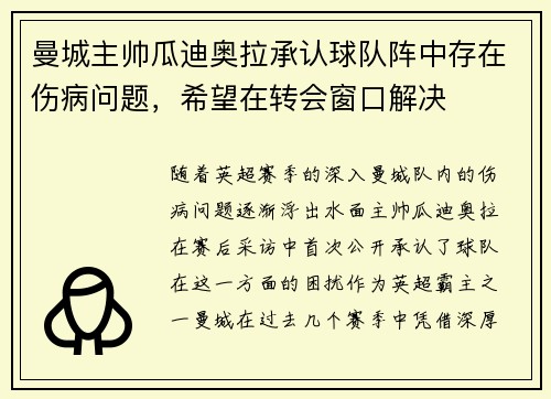 曼城主帅瓜迪奥拉承认球队阵中存在伤病问题，希望在转会窗口解决
