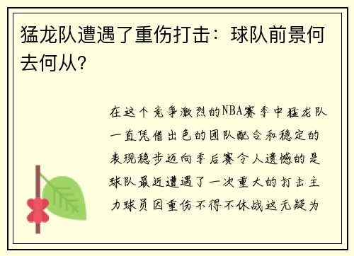 猛龙队遭遇了重伤打击：球队前景何去何从？